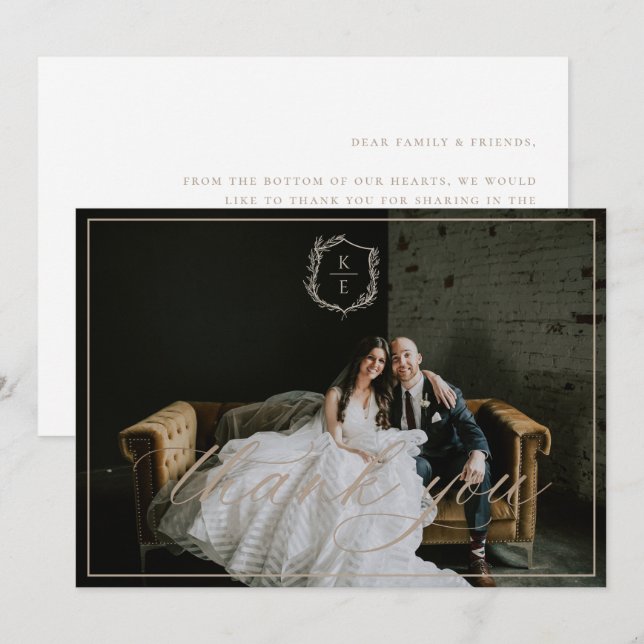 Botanical Crest Monogram Wedding Photo Thank You Card (Front/Back)