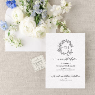 Botanical Crest Monogram Wedding Save the Date Letterpress Invitation