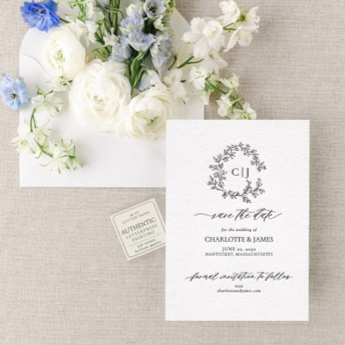 Botanical Crest | Monogram Wedding Save the Date Letterpress Invitation