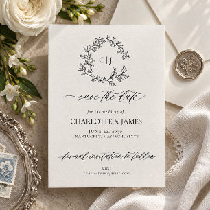 Botanical Crest Monogram Wedding Save the Date Letterpress Invitation