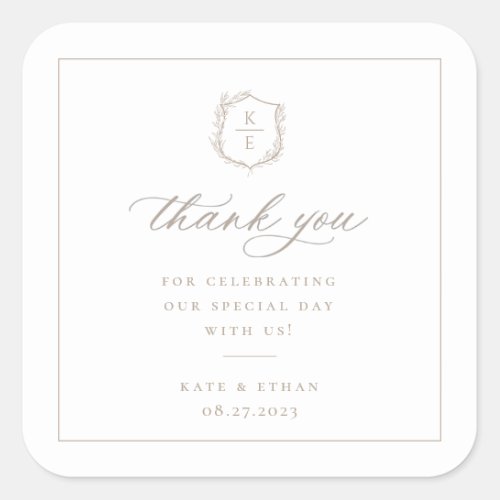 Botanical Crest Monogram Wedding Thank You Square Sticker