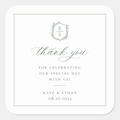 Botanical Crest Monogram Wedding Thank You Square Sticker