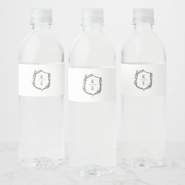 Botanical Crest Monogram Wedding Water Bottle Labe Water Bottle Label (Bottles)