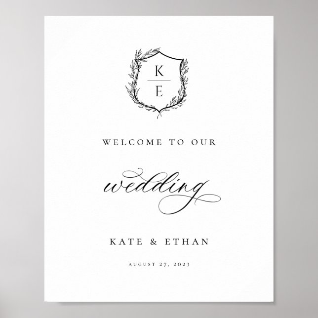 Botanical Crest Monogram Wedding Welcome Poster (Front)