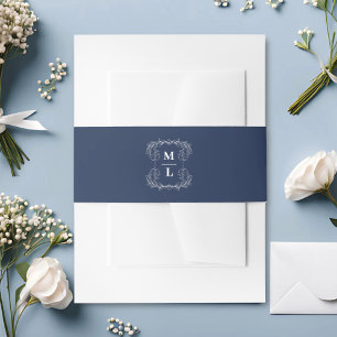 Botanical Crest Navy Blue & White Monogram Wedding Invitation Belly Band