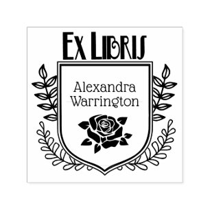 Botanical Crest Rose Ex Libris Book Name Self-inking Stamp