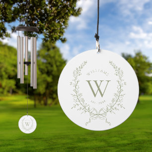 Botanical Crest Sage Green Monogram Family Name Wind Chime