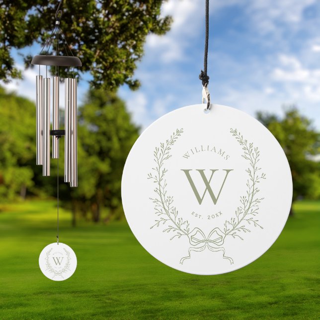 Botanical Crest Sage Green Monogram Family Name Wind Chime (Outdoor)