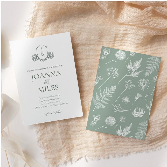 Botanical Crest Sage Green Monogram Invitation (Creator Uploaded)