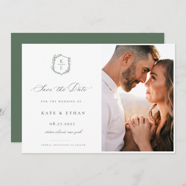Botanical Crest Sage Monogram Wedding Photo Save The Date (Front/Back)