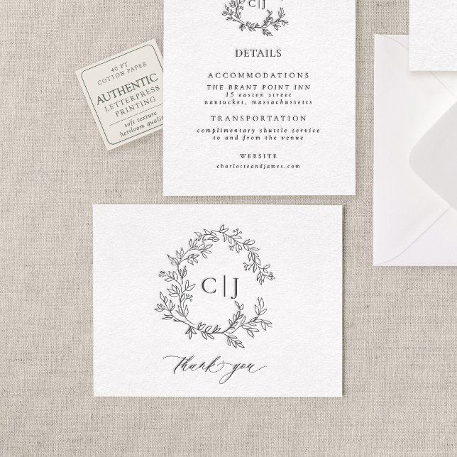 Botanical Crest | Script Monogram Letterpress Thank You Card (Creator Uploaded)