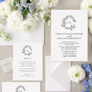Botanical Crest Suite Elegant Monogram Wedding Letterpress Invitation