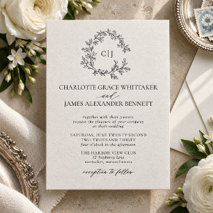 Botanical Crest Suite Elegant Monogram Wedding Letterpress Invitation