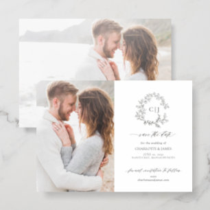 Botanical Crest Two Photo Wedding Save the Date Letterpress Photo Cards