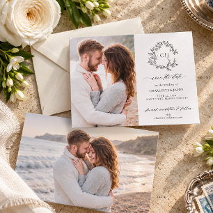 Botanical Crest Two Photo Wedding Save the Date Letterpress Photo Cards