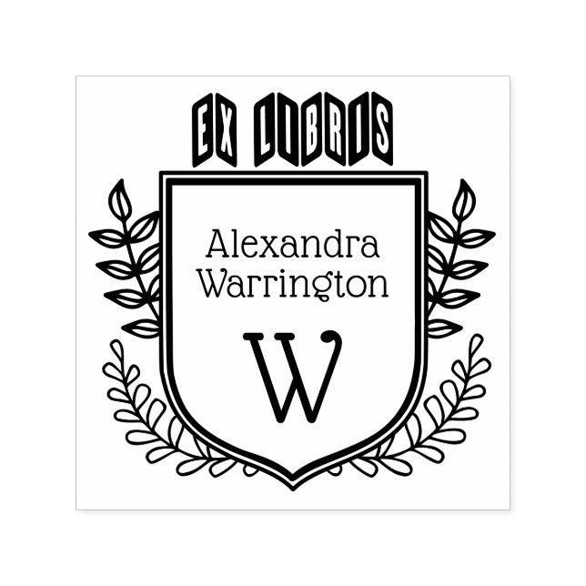 Botanical Crest Zigzag Ex Libris Book Name Initial Self-inking Stamp (Design)