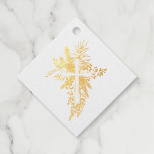 Botanical Cross Christening Thank You Real Gold Foil Favor Tags