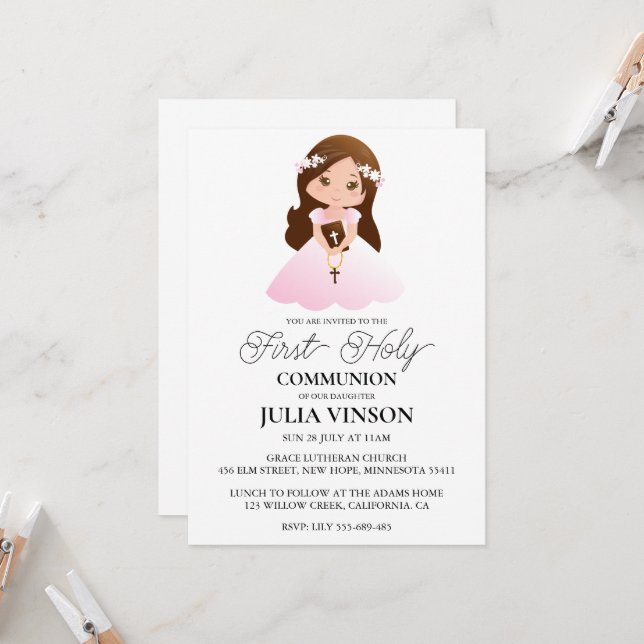 botanical cross girl first communion invitations (Front/Back In Situ)
