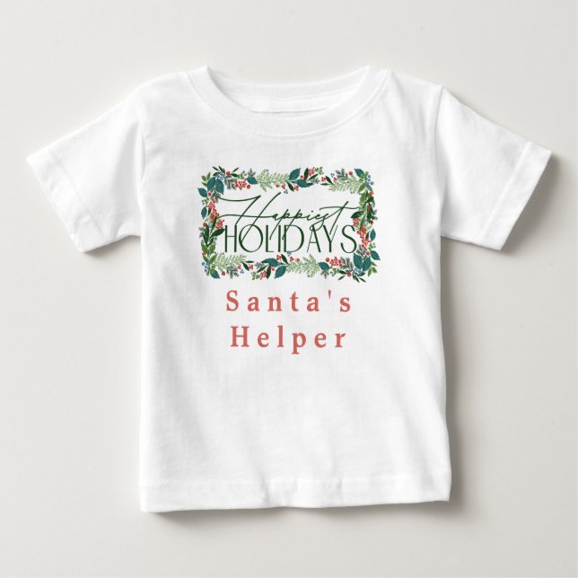 Botanical Custom Text Festive Holiday Christmas Baby T-Shirt (Front)