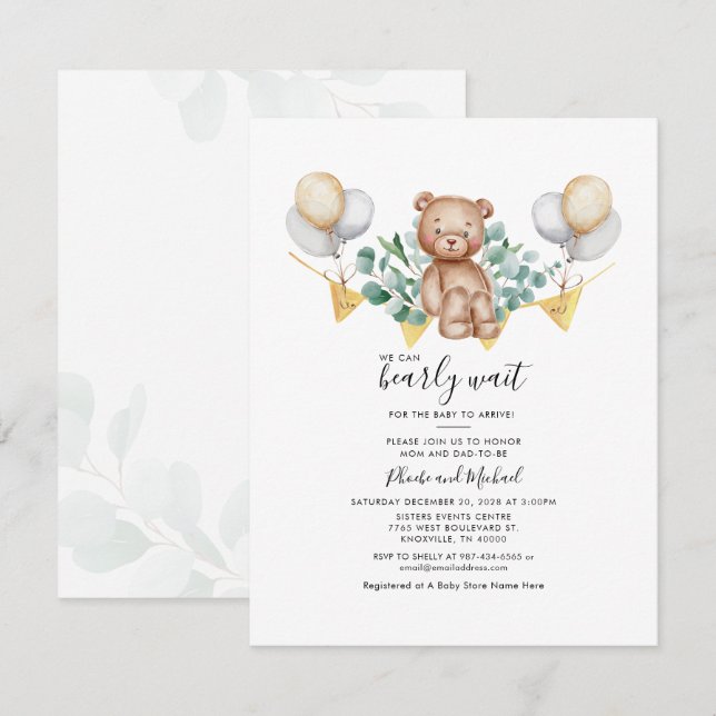 Botanical Cute Bear Eucalyptus Couples Baby Shower Invitation (Front/Back)