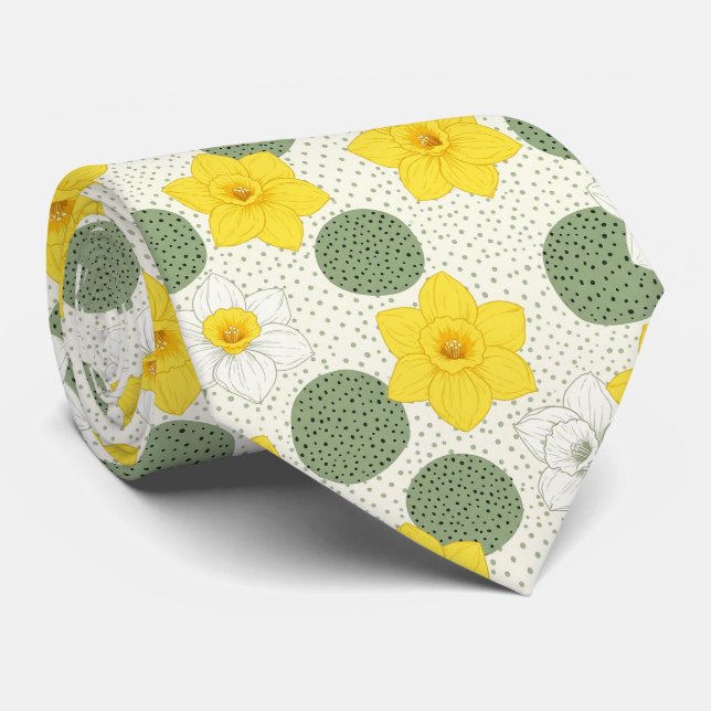 Botanical Daffodil Floral Geometric Pattern (1) Neck Tie (Rolled)