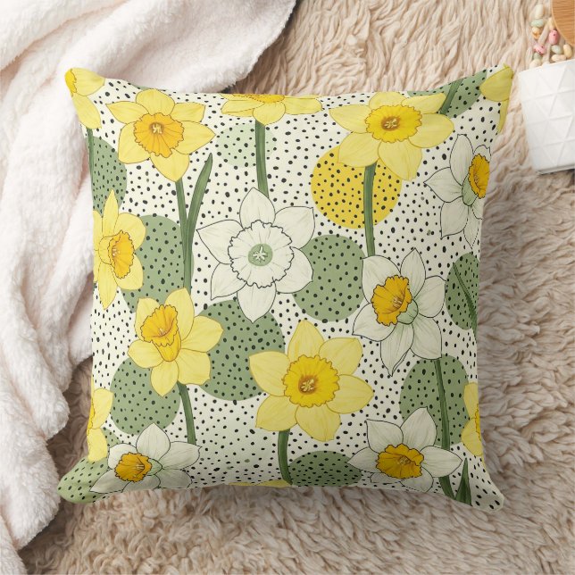 Botanical Daffodil Floral Geometric Pattern (3) Throw Pillow (Blanket)