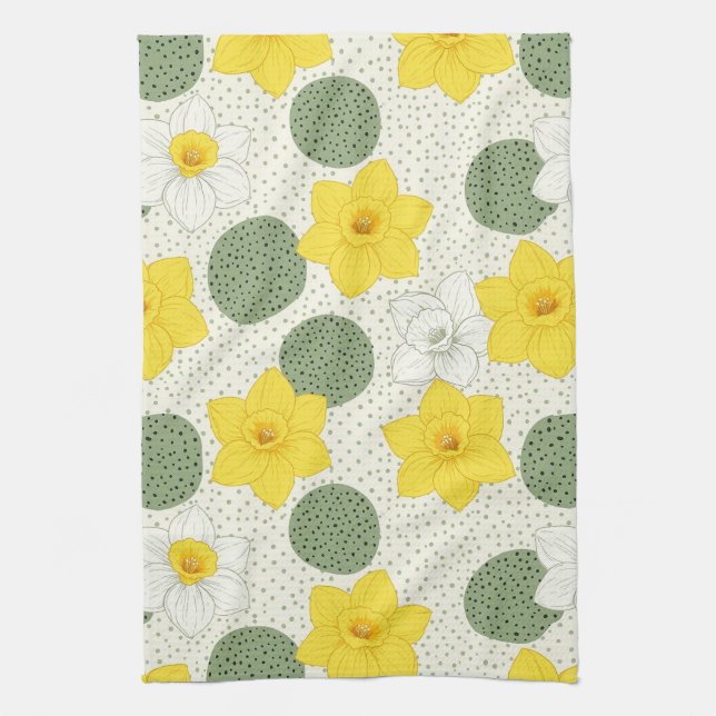 Botanical Daffodil Floral Geometric Pattern Kitchen Towel (Vertical)