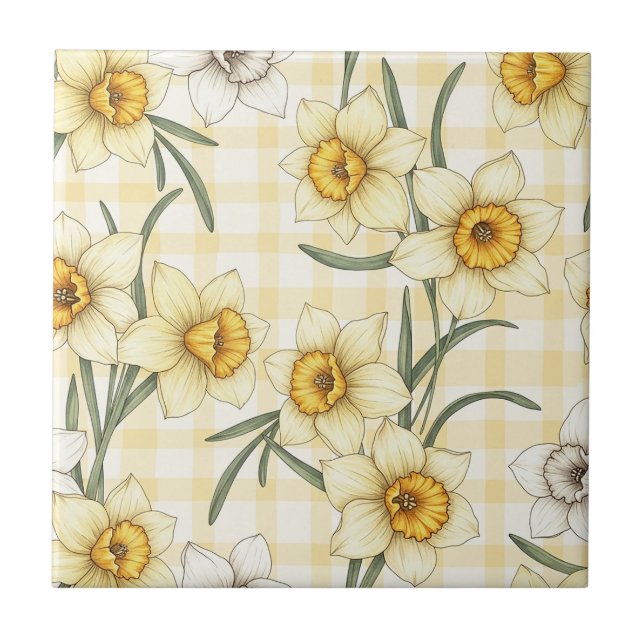 Botanical Daffodil Plaid Pattern Ceramic Tile (Front)