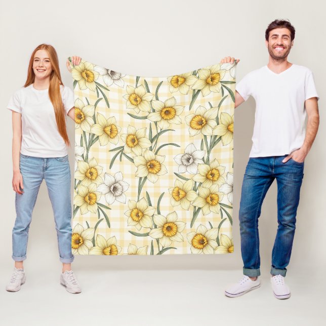 Botanical Daffodil Plaid Pattern Fleece Blanket (In Situ)