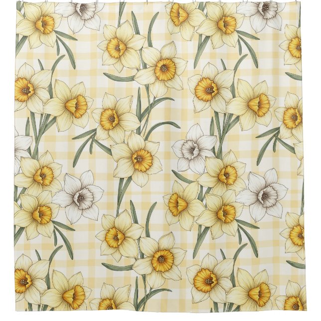 Botanical Daffodil Plaid Pattern Shower Curtain (Front)