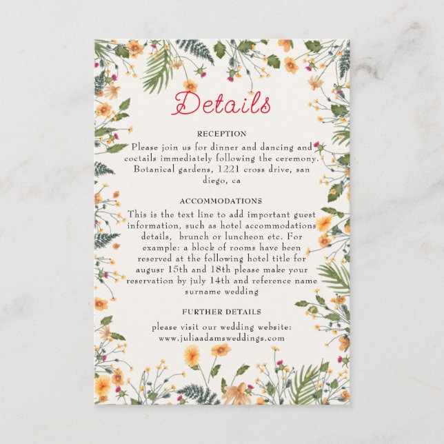 Botanical Daffodils Daisy Peony Flowers Wedding Enclosure Card (Front)