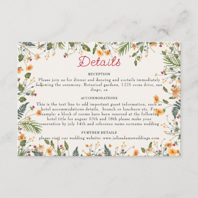 Botanical Daffodils Daisy Peony Flowers Wedding Enclosure Card (Front)