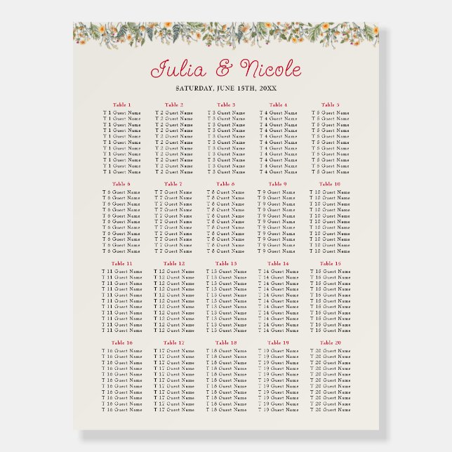 Botanical Daffodils Daisy Peony Flowers Wedding Foam Board (Front)