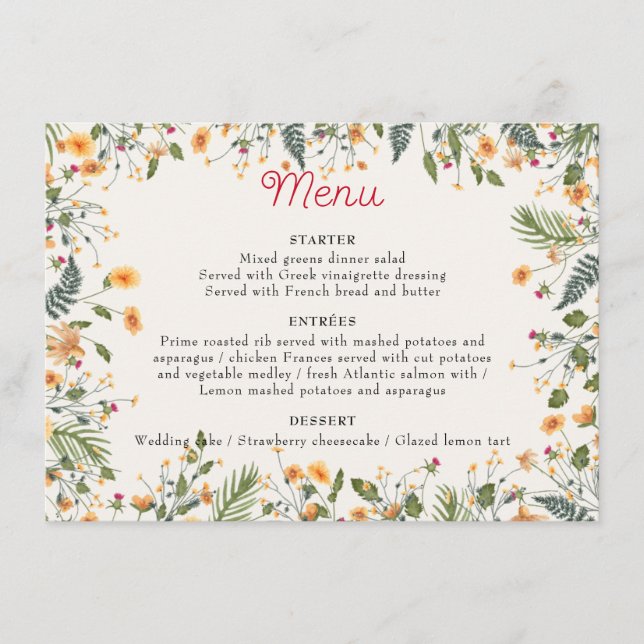 Botanical Daffodils Daisy Peony Flowers Wedding Menu (Front)