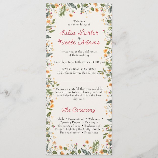 Botanical Daffodils Daisy Peony Flowers Wedding Program (Front)