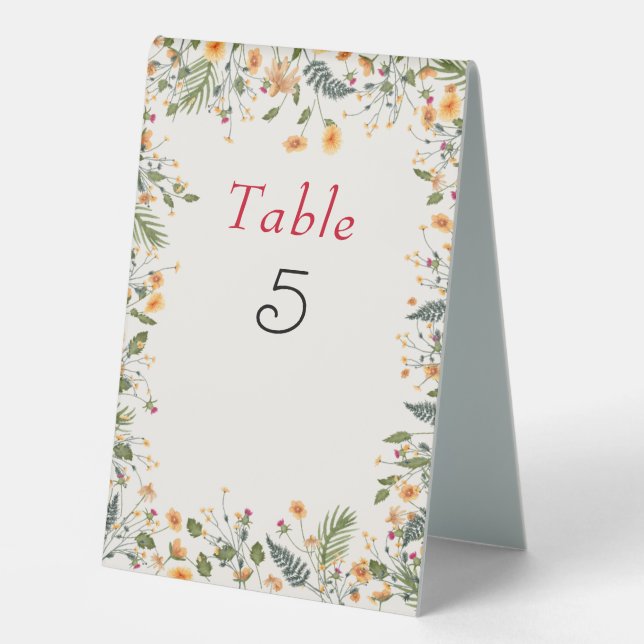 Botanical Daffodils Daisy Peony Flowers Wedding Table Tent (Front)