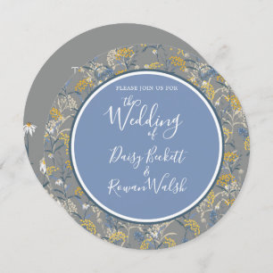 Botanical Daisy Floral Yellow & Navy Blue Wedding Invitation