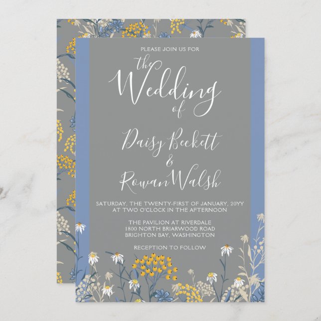 Botanical Daisy Floral Yellow & Navy Blue Wedding Invitation (Front/Back)