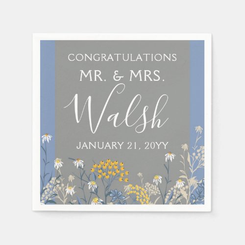 Botanical Daisy Floral Yellow  Navy Blue Wedding Napkins