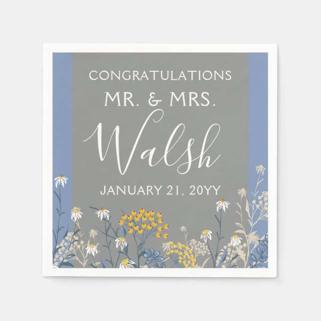 Botanical Daisy Floral Yellow & Navy Blue Wedding Napkins (Front)