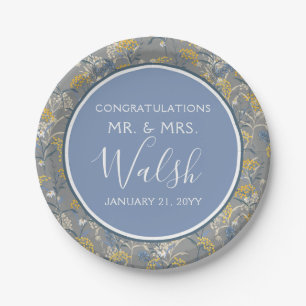 Botanical Daisy Floral Yellow & Navy Blue Wedding Paper Plates