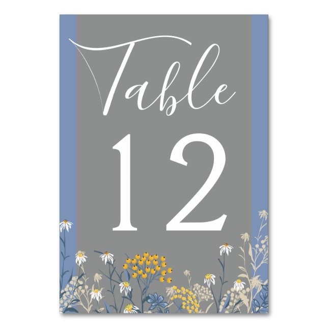 Botanical Daisy Floral Yellow & Navy Blue Wedding Table Number (Front)