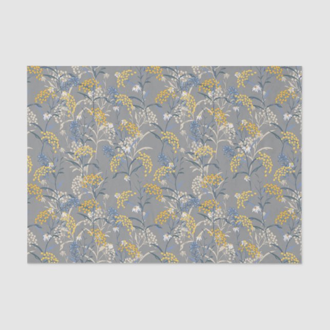 Botanical Daisy Floral Yellow & Navy Blue Wedding Tissue Paper (Front)