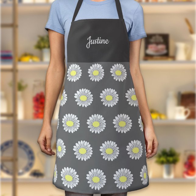 Botanical Daisy Flower Pattern Gray Apron (Daisy Flower Gray Apron)