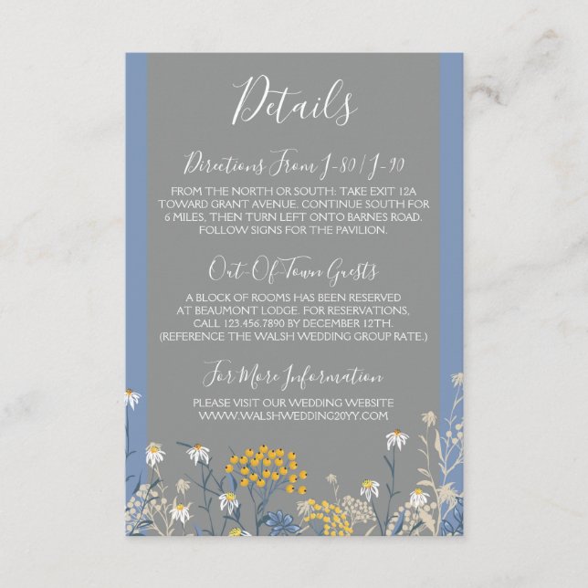 Botanical Daisy Yellow & Navy Details / Directions Enclosure Card (Front)