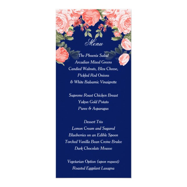 Botanical Dark Blue and Coral Flower - Menu (Front)