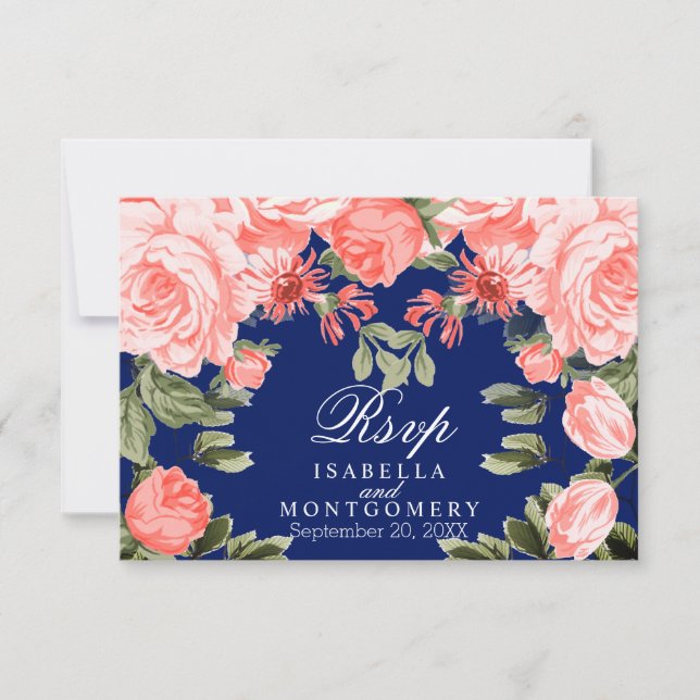 Botanical Dark Blue and Coral Flower - RSVP (Front)