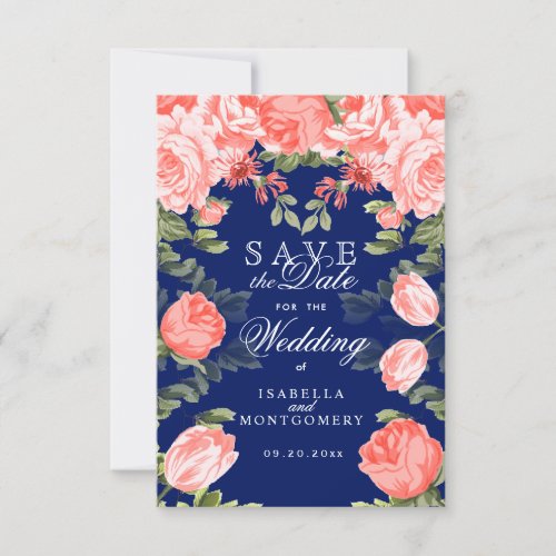 Botanical Dark Blue and Coral Flower Save The Date