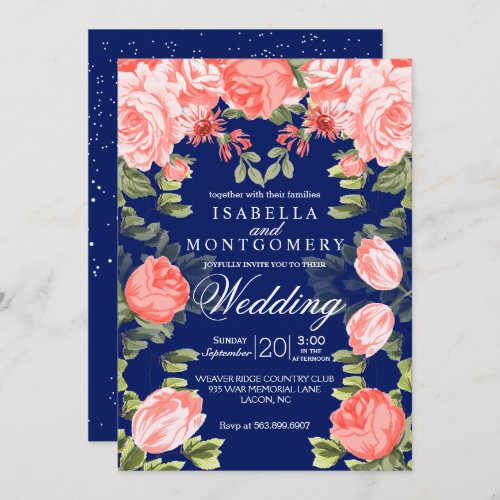 Botanical Dark Blue and Coral Flower _ Wedding Invitation