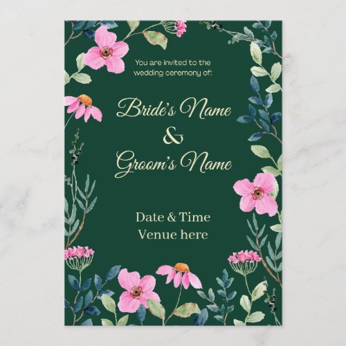 Botanical Dark Green & Pink Blossom Wedding Invite